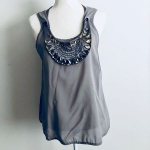 Bebe grey sheer top w/ neckline accessorized